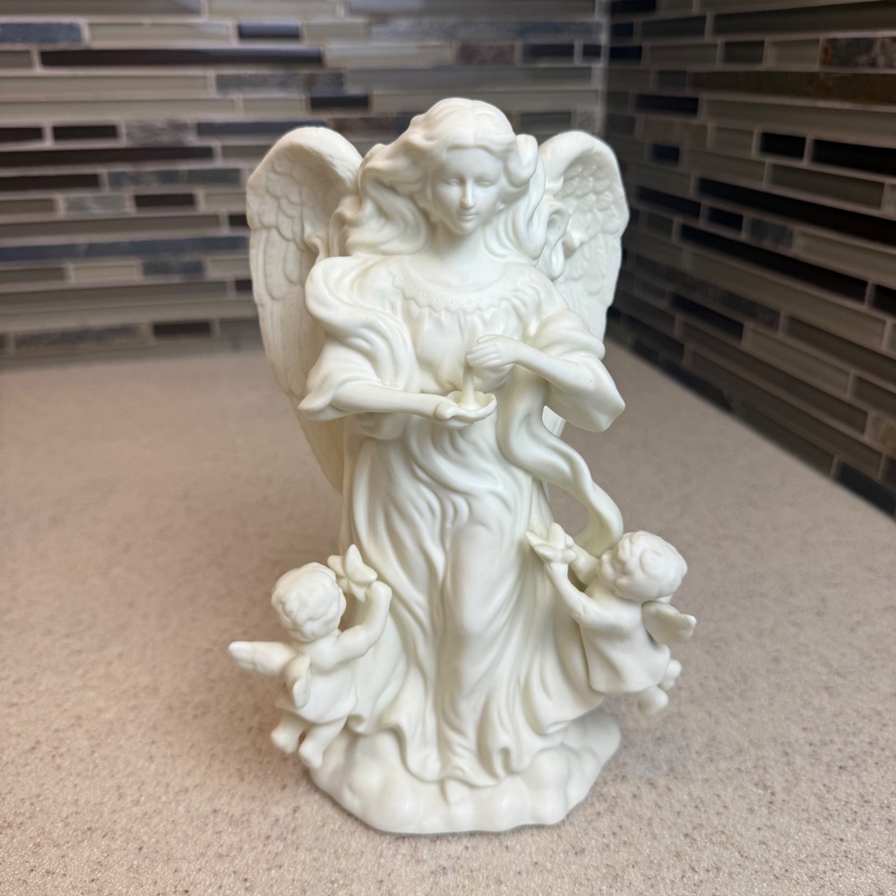 VTG PartyLite White Bisque Angel with Cherubs Taper Candle Holder Figurine P0434